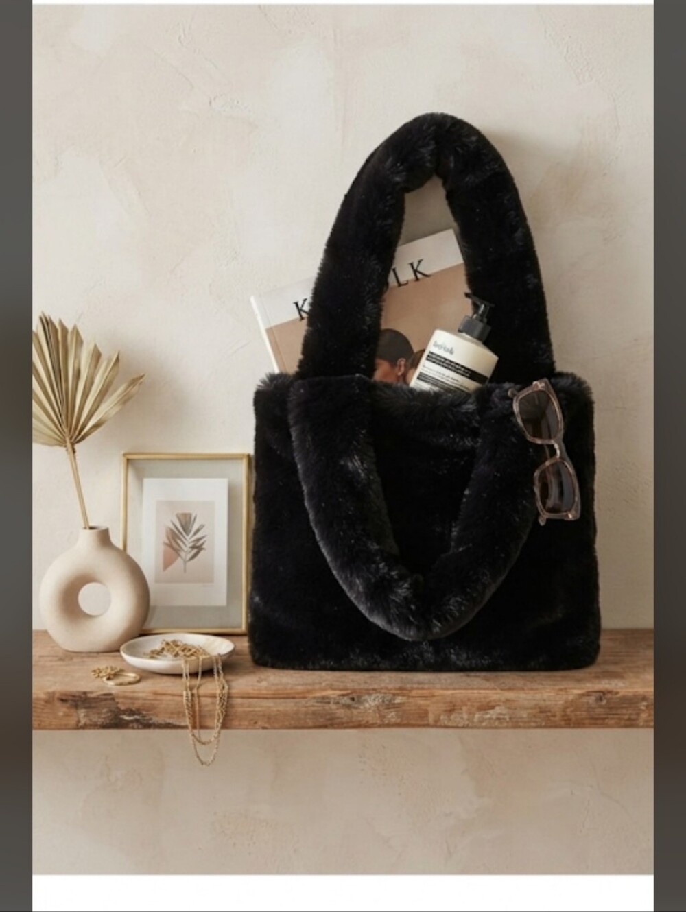 Black Faux Fur Tote Bag Women Small Plush Shaggy Shoulder Magnetic Snap